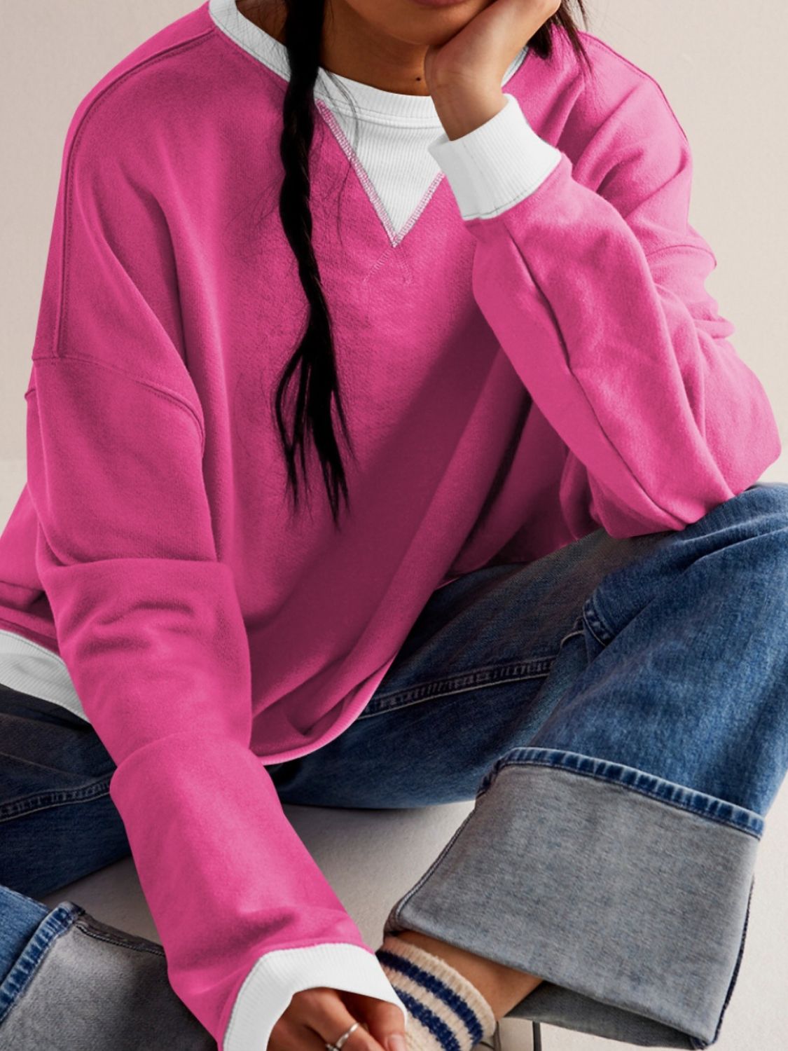 Contrast Dropped Shoulder Long Sleeve Sweatshirt - Charming Charlie