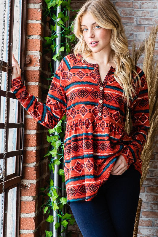 Heimish Full Size Geometric Button Detail Long Sleeve Babydoll Top - Charming Charlie