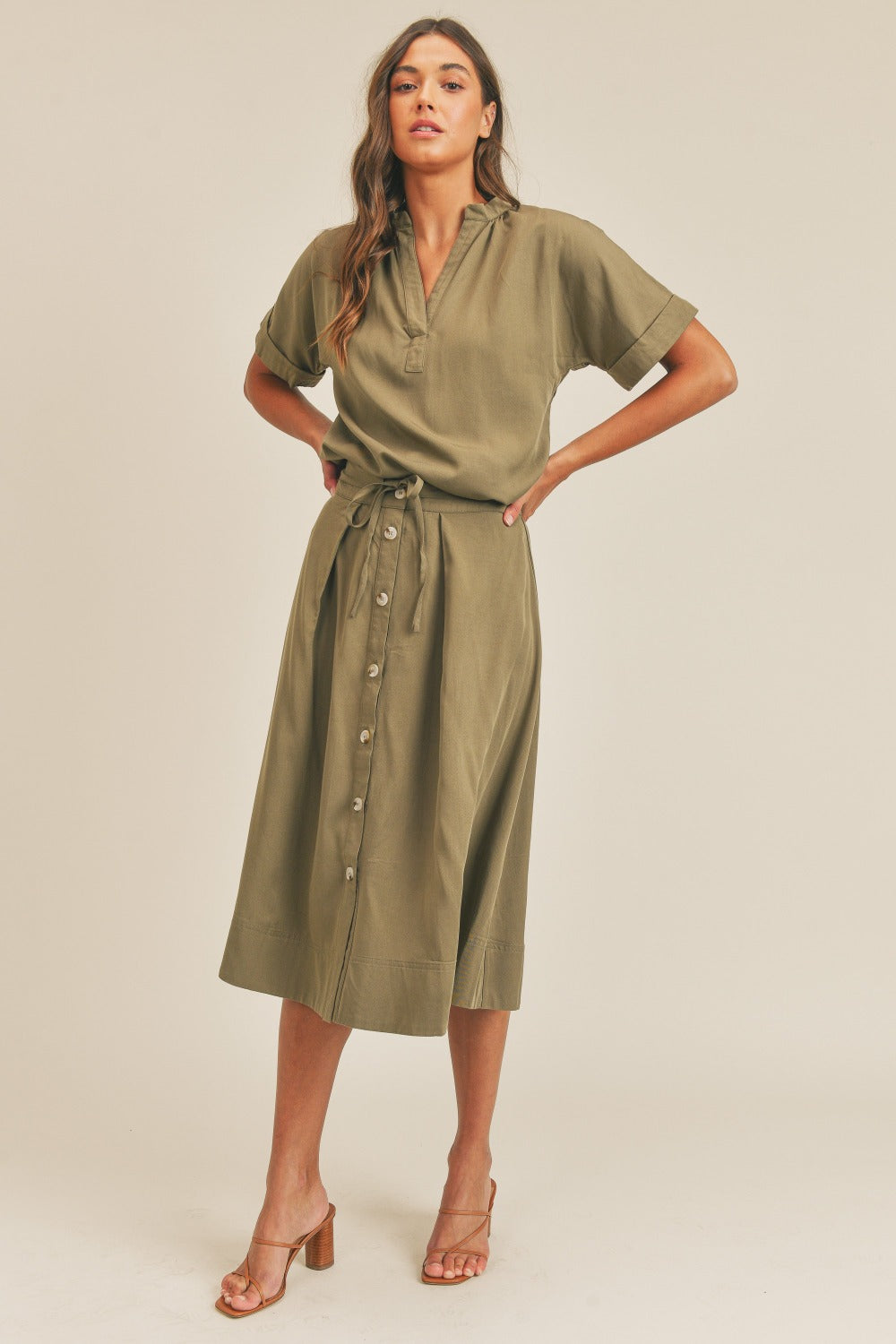 MABLE Short Sleeve Top and Button Down Midi Skirt Set - Charming Charlie