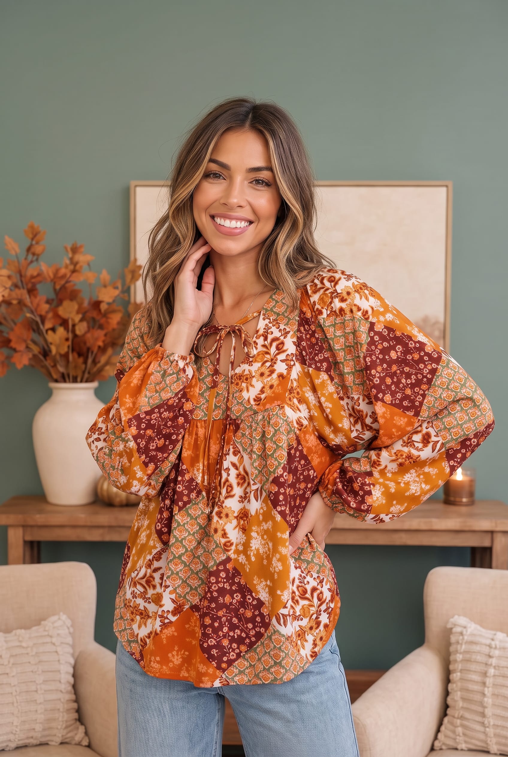 Autumn Patchwork Boho Blouse in Rust - Charming Charlie
