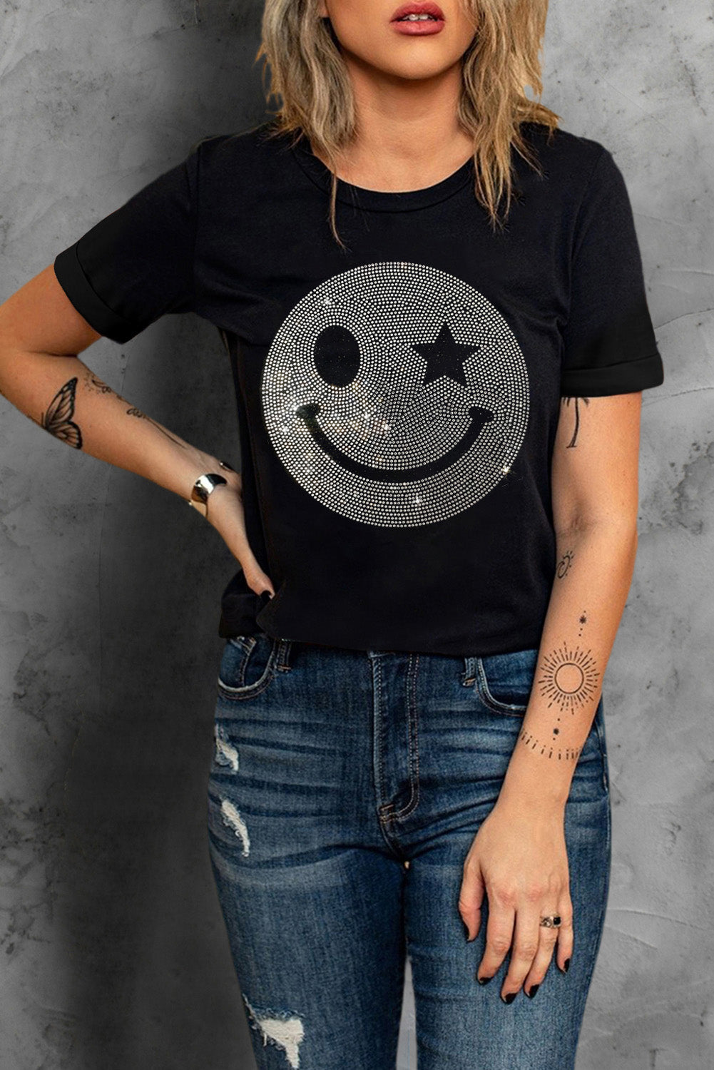 Rhinestone Smiley Round Neck Short Sleeve T-Shirt - Charming Charlie