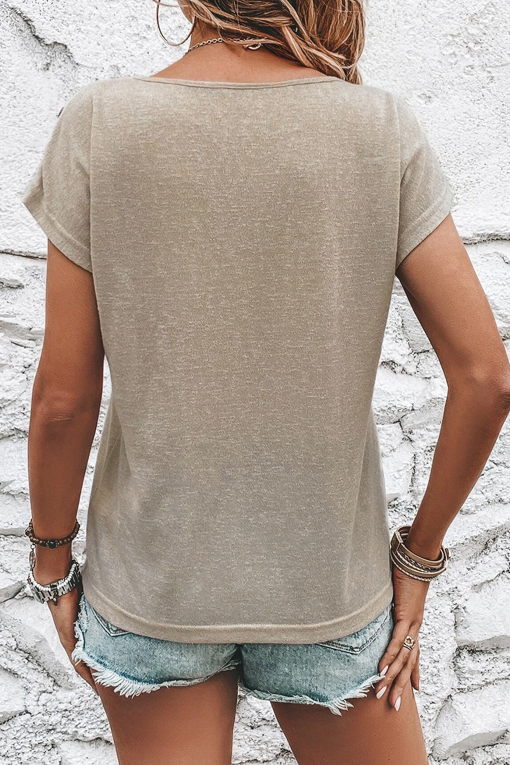 Decorative Button Graphic Round Neck Short Sleeve T-Shirt - Charming Charlie