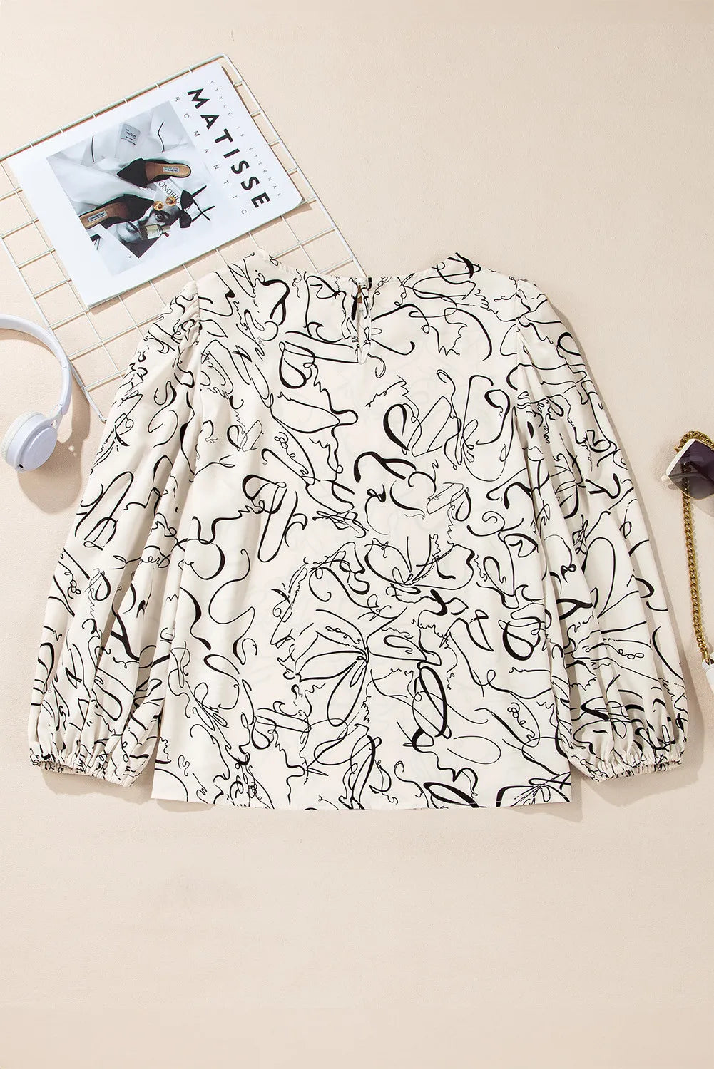 Printed Round Neck Three-Quarter Sleeve Blouse - Charming Charlie