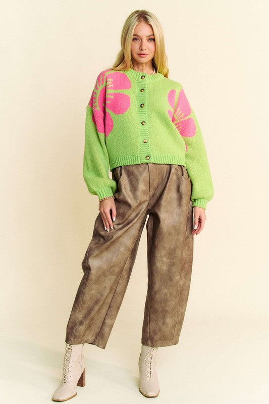 Davi & Dani Flower Contrast Round Neck Long Sleeve Cardigan - Charming Charlie