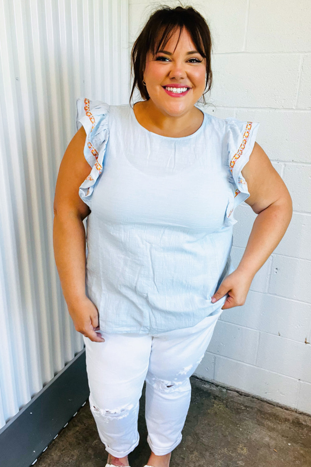 Chambray Embroidered Flutter Sleeve Top - Charming Charlie