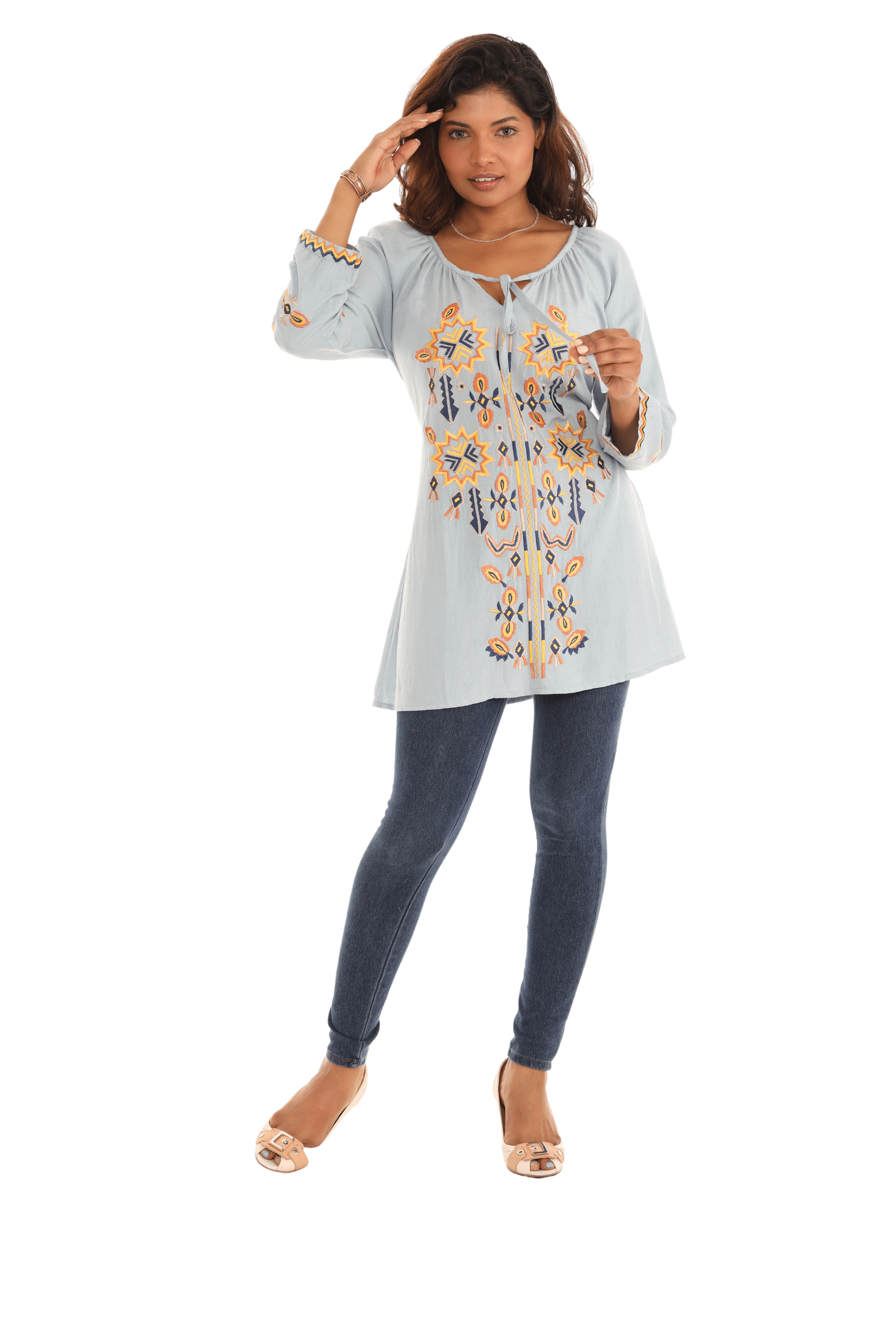 Embroidered flowers three-quarter sleeve top - Shoreline Wear, Inc.