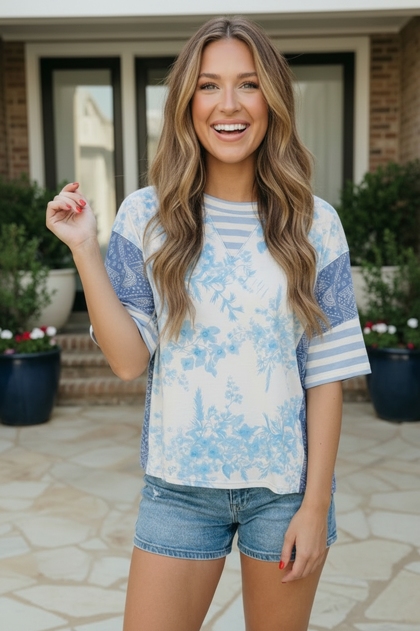 Blue Toile Mixed Print Oversized Tee - Charming Charlie