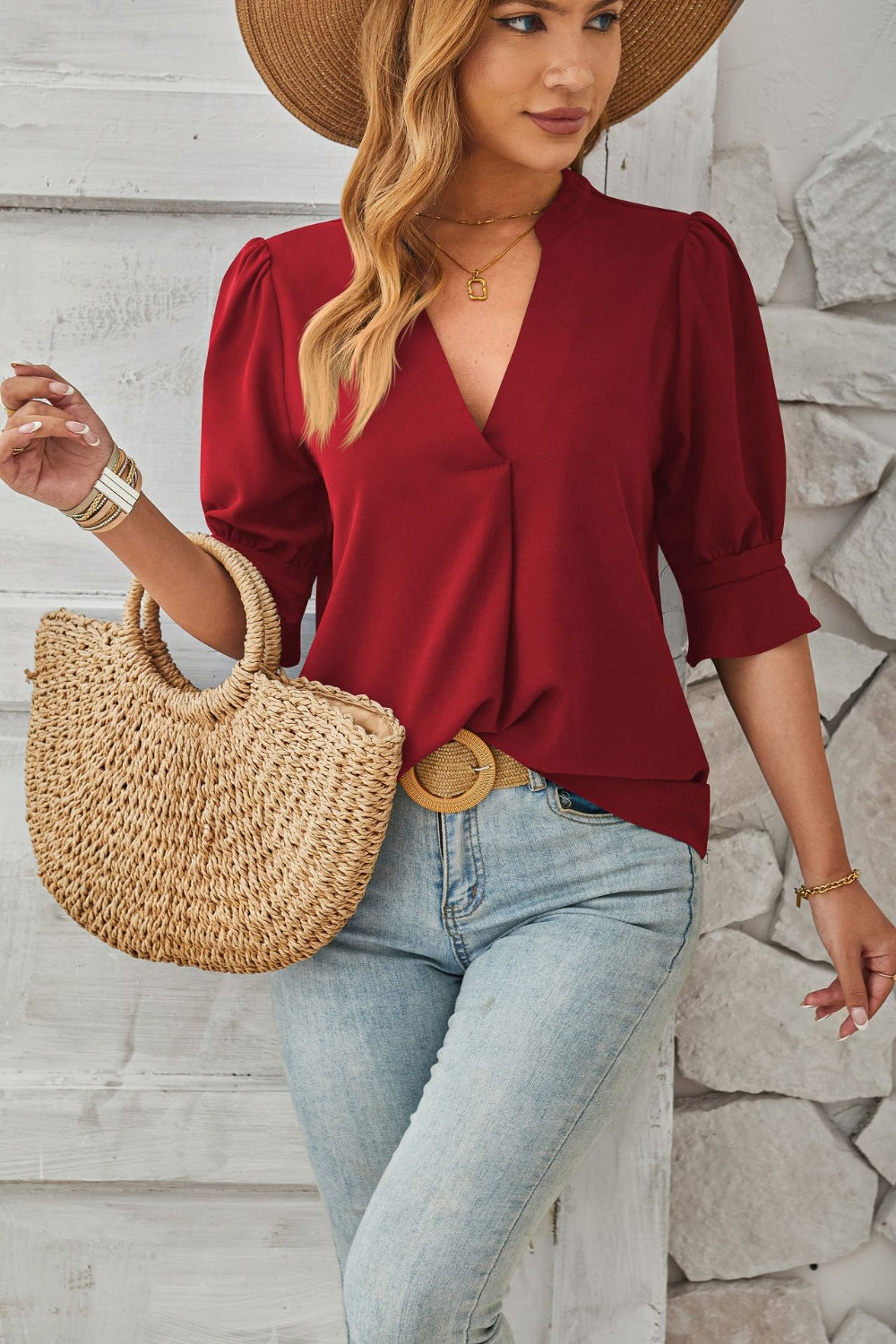 Notched Half Sleeve Blouse - Charming Charlie