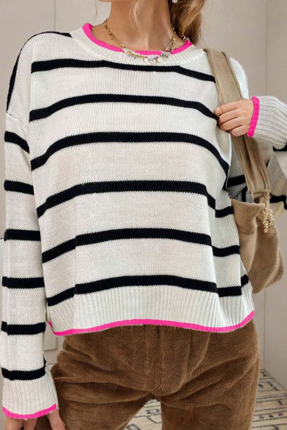 Striped Round Neck Drop Shoulder Sweater - Charming Charlie