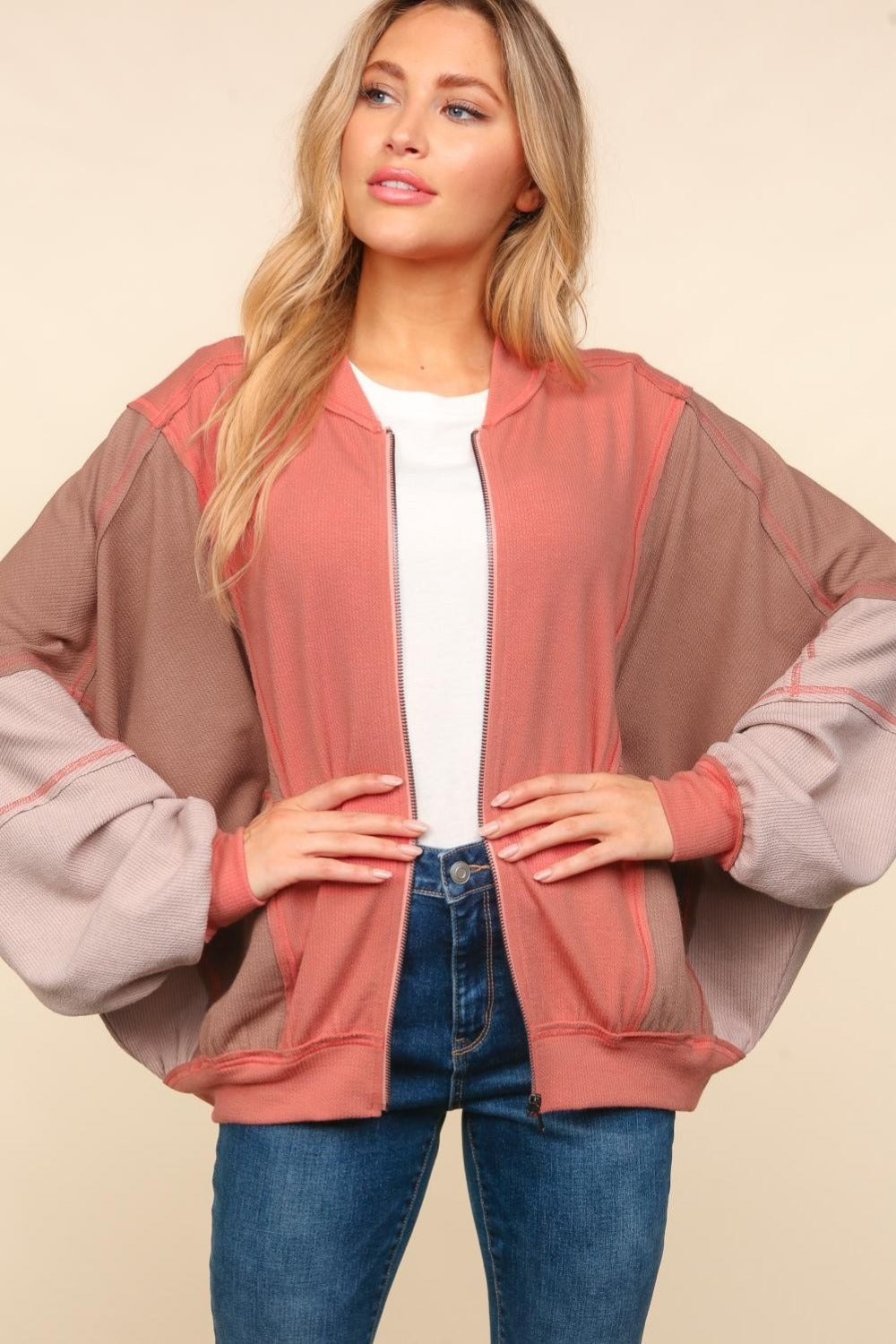 Haptics Zip Up Color Block Bomber Jacket with Side Pockets - Charming Charlie