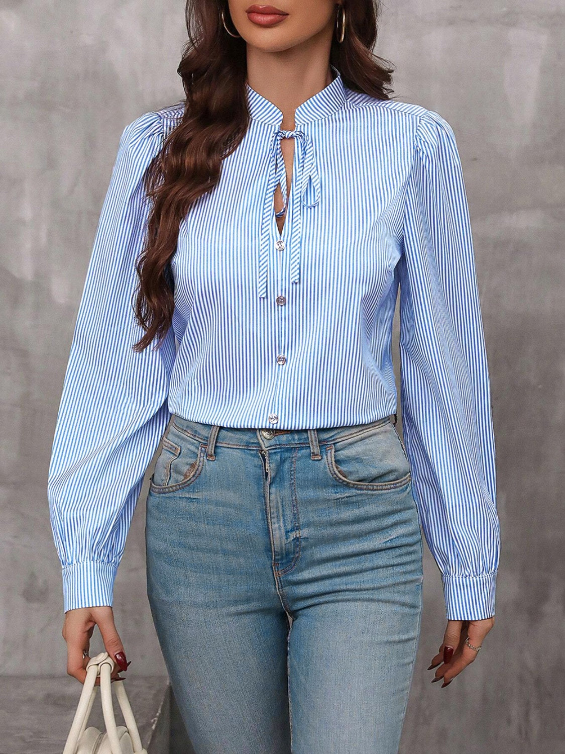 Striped Tie Neck Long Sleeve Blouse - Charming Charlie