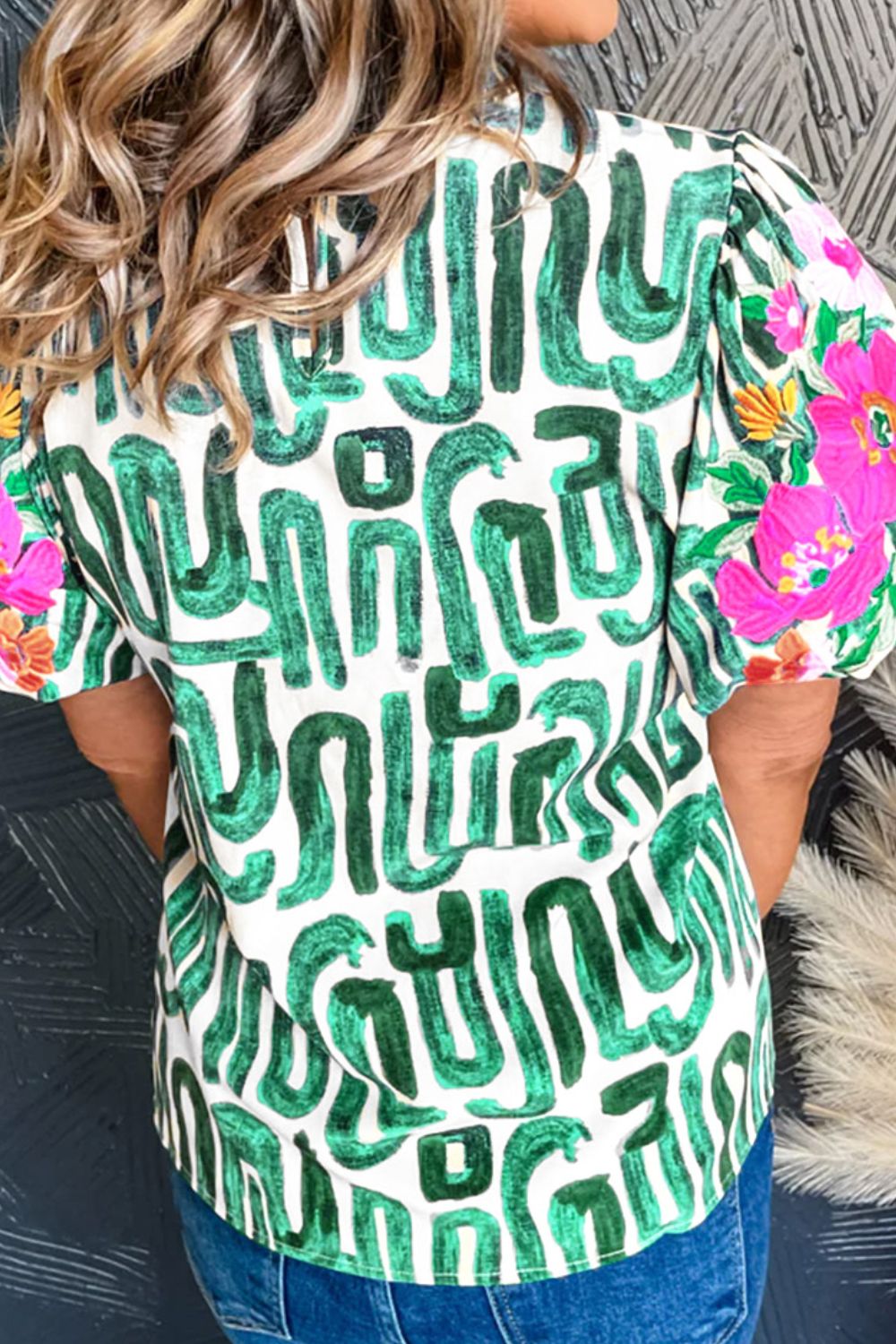 Embroidered Printed Mock Neck Short Sleeve Blouse - Charming Charlie