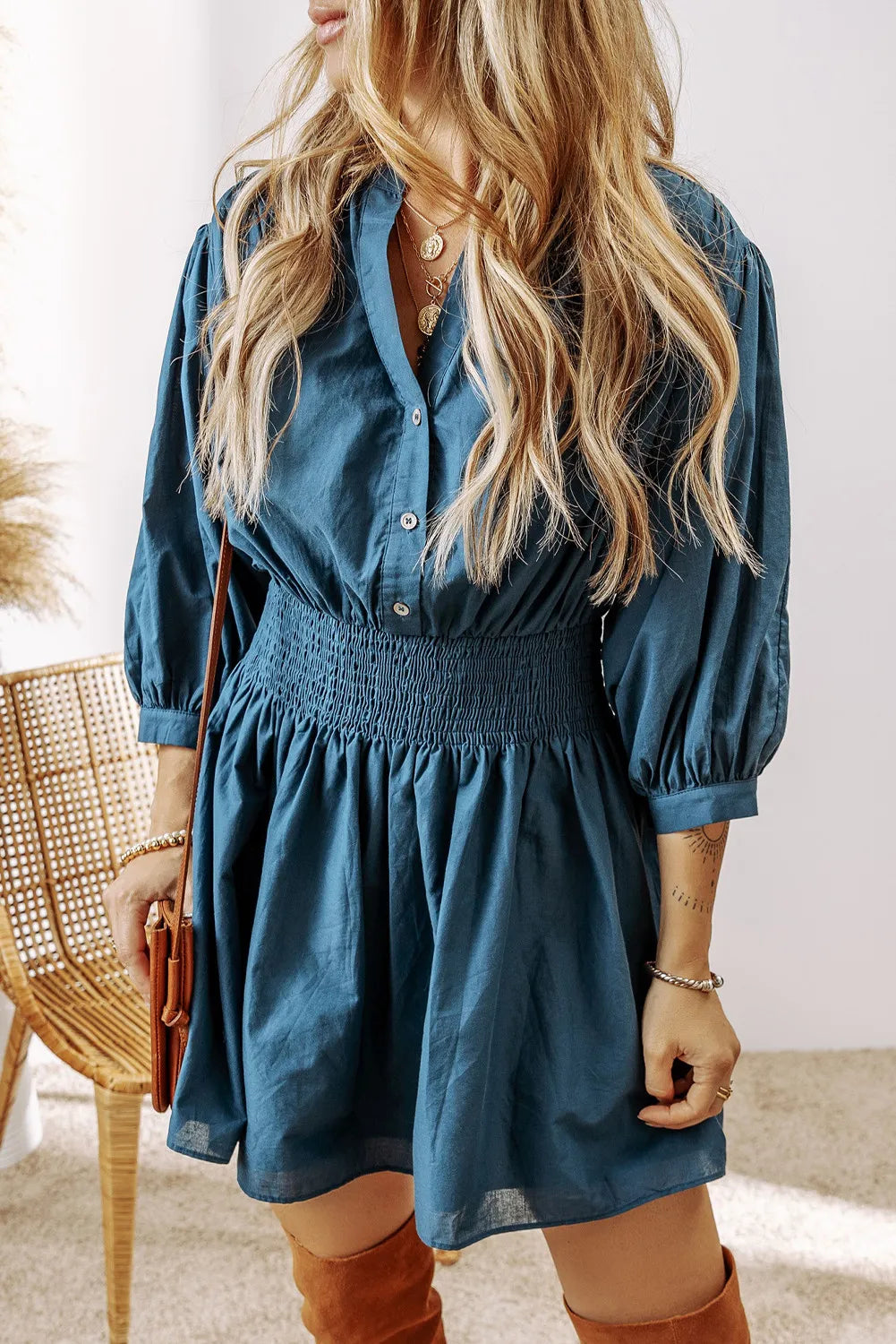 Smocked Half Button Three-Quarter Sleeve Mini Dress - Charming Charlie