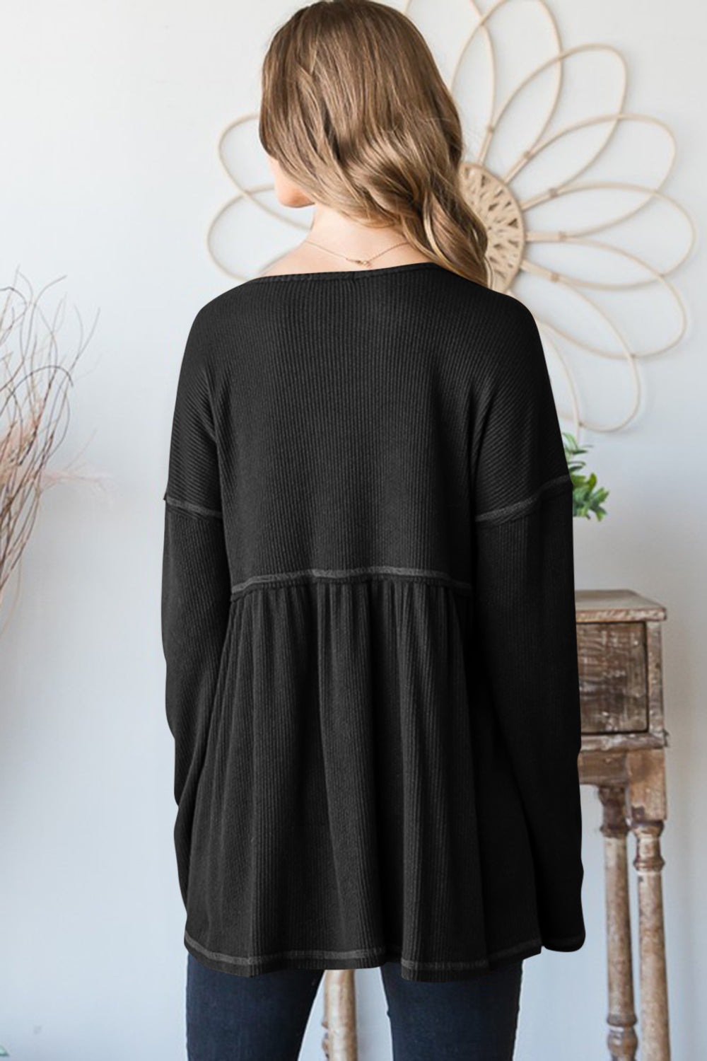 Heimish Full Size V-Neck Long Sleeve Ribbed Babydoll Top - Charming Charlie