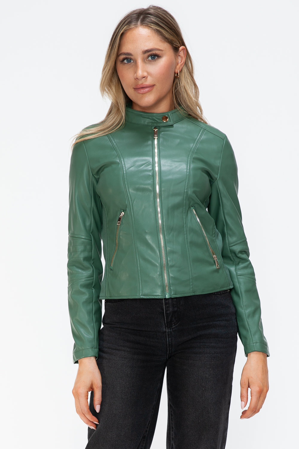 Snobbish Faux Leather Zip Up Drawstring Hooded Jacket - Charming Charlie