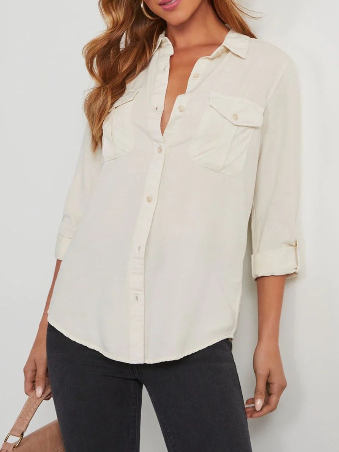 Collared Neck Roll-Tab Sleeve Denim Top - Charming Charlie