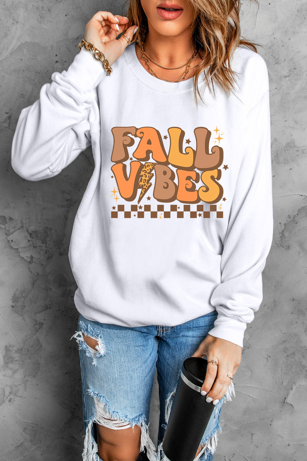 Letter Graphic Round Neck Long Sleeve Sweatshirt - Charming Charlie