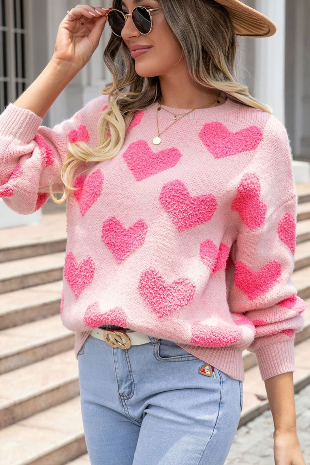 Valentine's Day Heart Jacquard Round Neck Sweater - Charming Charlie