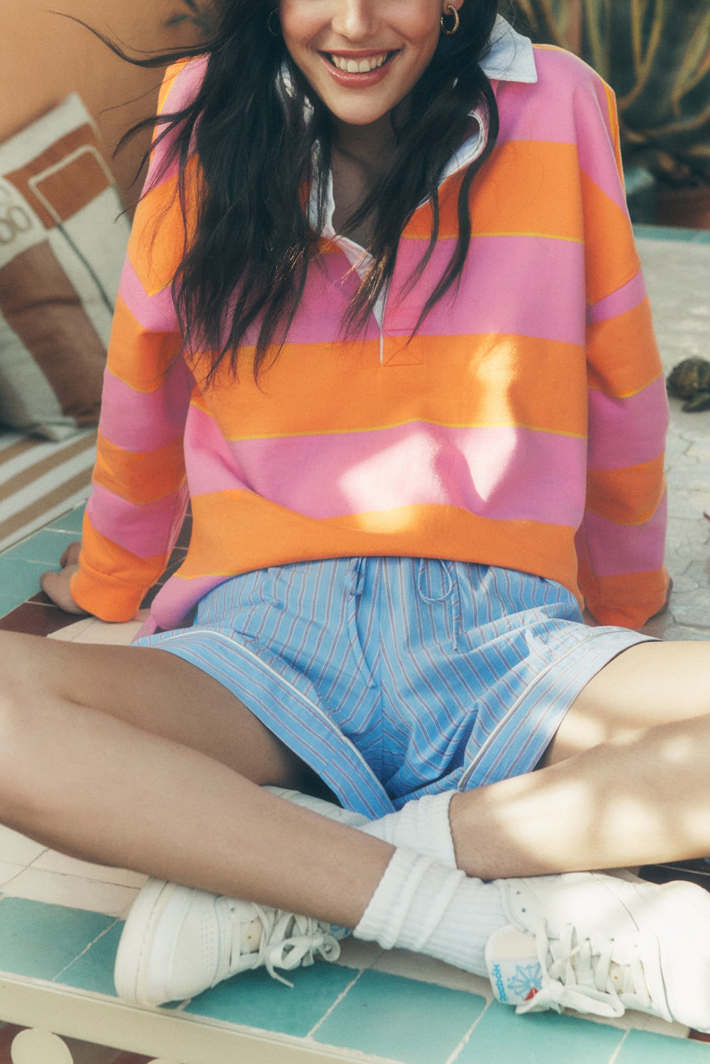 Contrast Striped Collared Neck Long Sleeve Sweatshirt - Charming Charlie