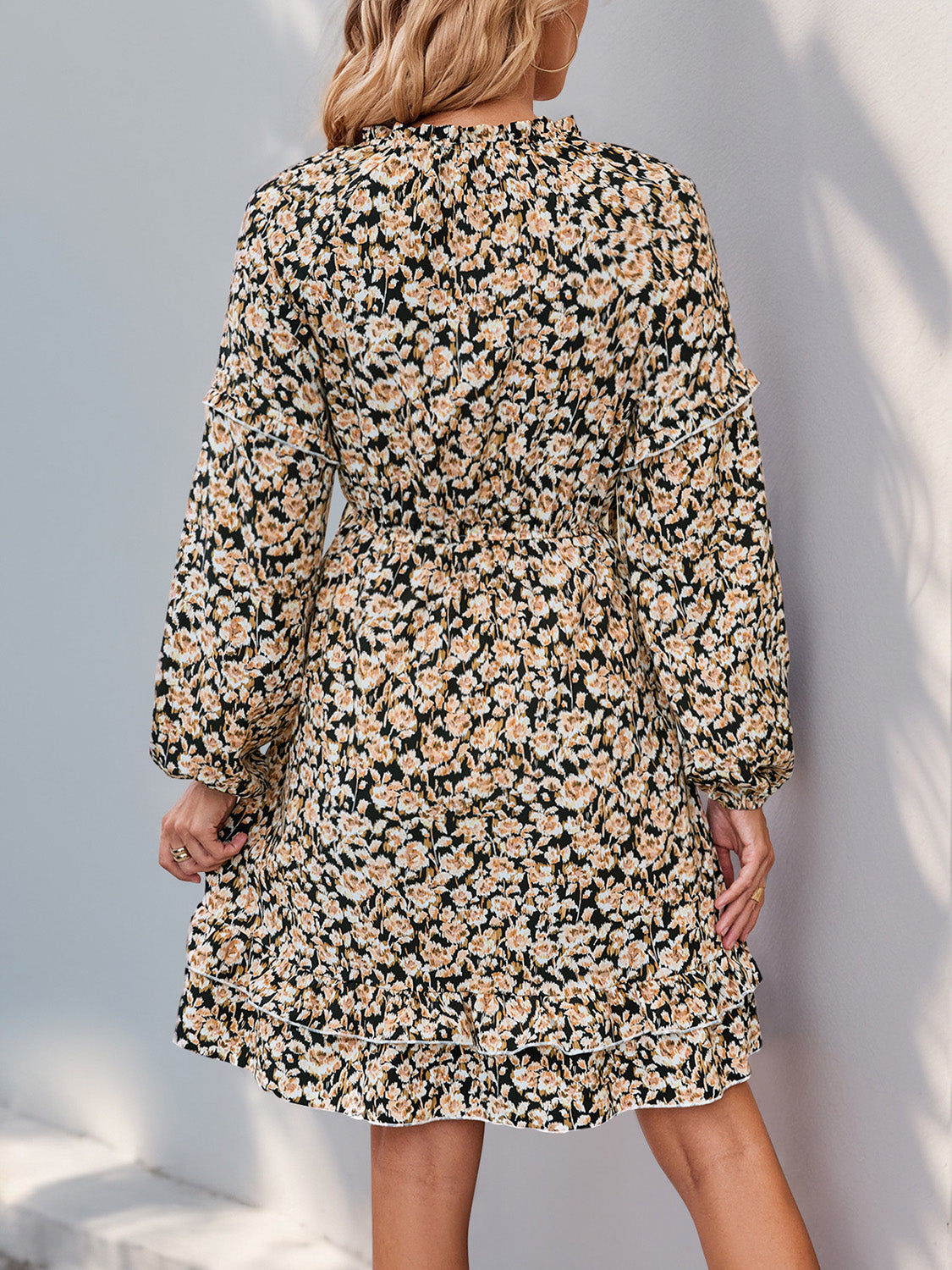 Perfee Printed Tie Neck Long Sleeve Mini Dress - Charming Charlie