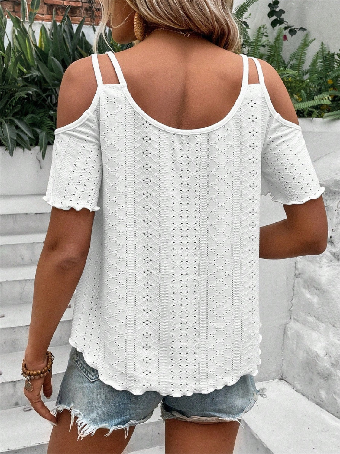 Eyelet Cold Shoulder Short Sleeve Blouse - Charming Charlie