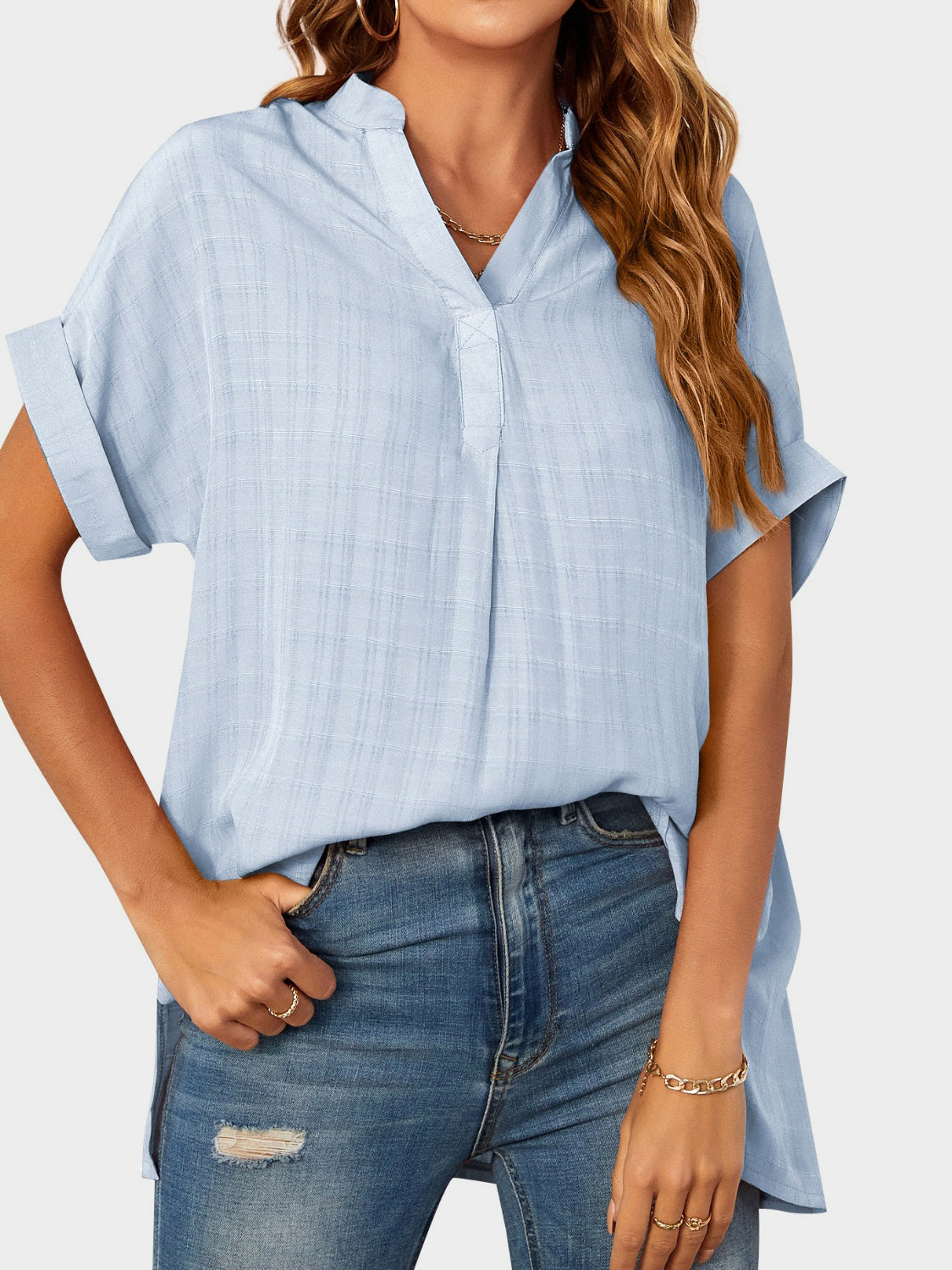 Mandy Side Slit Notched Short Sleeve Blouse - Charming Charlie