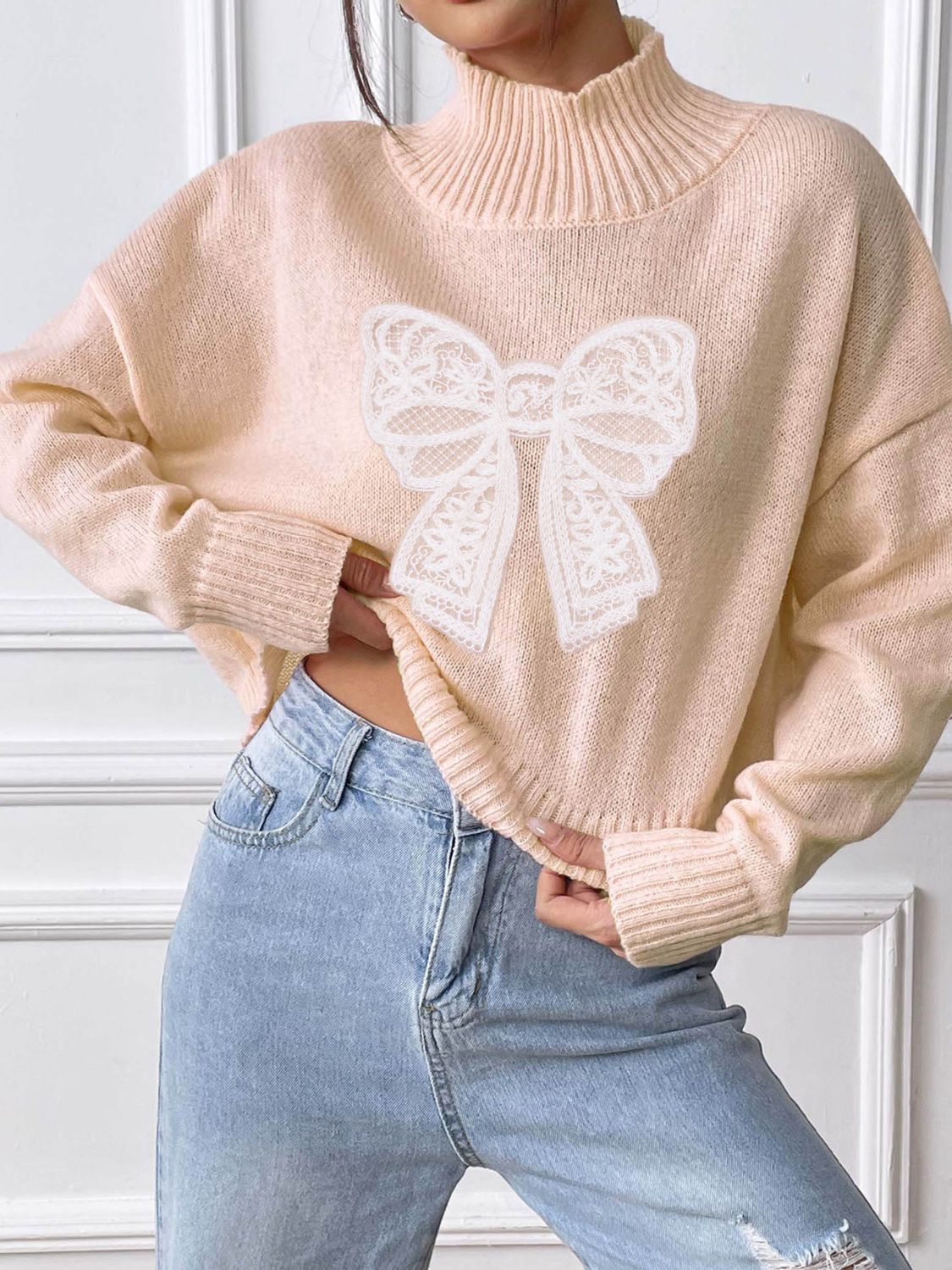 Bow Turtleneck Long Sleeve Sweater - Charming Charlie
