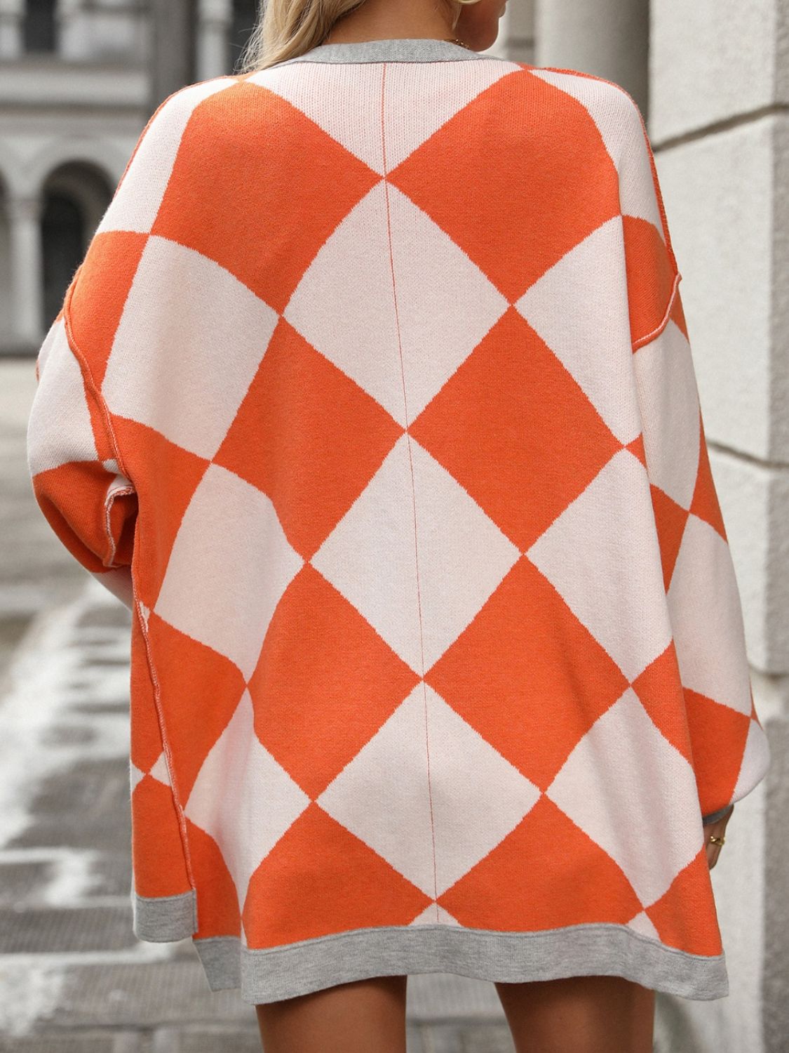 Checkered Dropped Shoulder Long Sleeve Cardigan - Charming Charlie