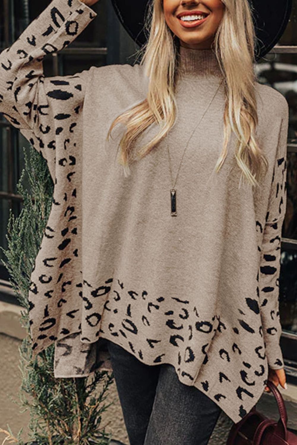 Slit Leopard Mock Neck Dropped Shoulder Sweater - Charming Charlie