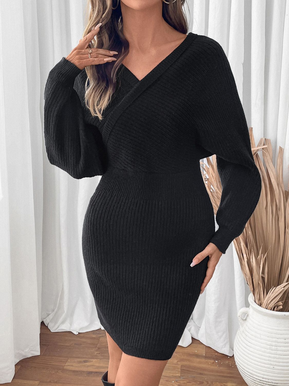 Perfee Surplice Long Sleeve Sweater Dress - Charming Charlie