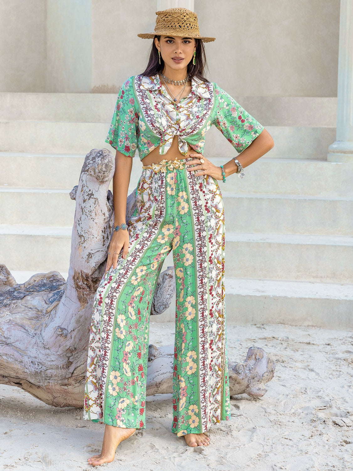 Printed Half Sleeve Top and Wide Leg Pants Set - Charming Charlie