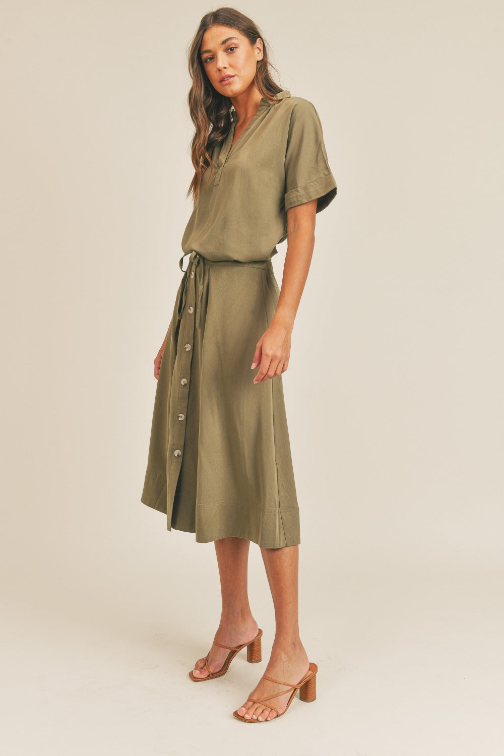 MABLE Short Sleeve Top and Button Down Midi Skirt Set - Charming Charlie
