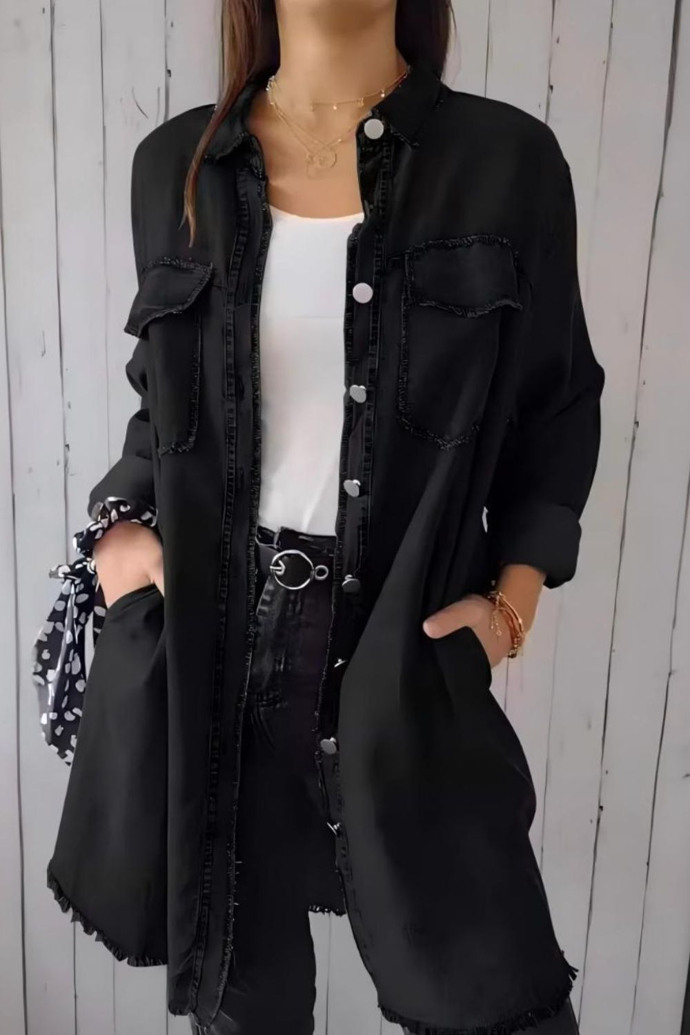 Full Size Raw Hem Button Up Long Sleeve Denim Top Plus Size - Charming Charlie