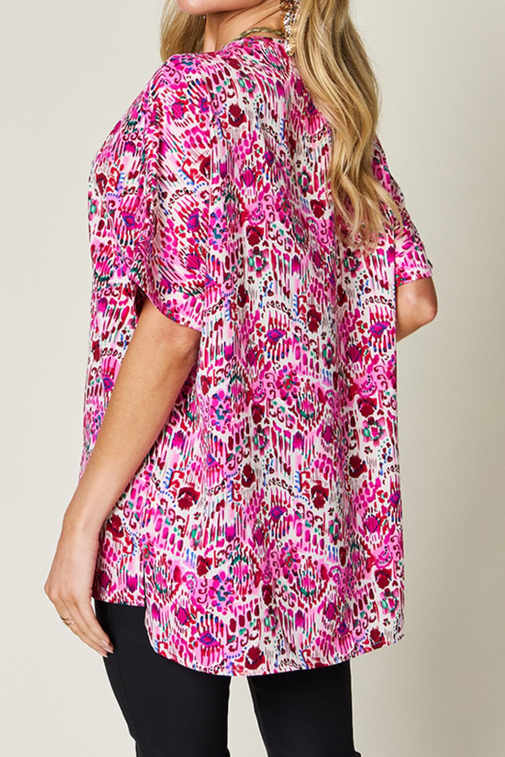 Double Take Full Size Printed V-Neck Short Sleeve Blouse - Charming Charlie