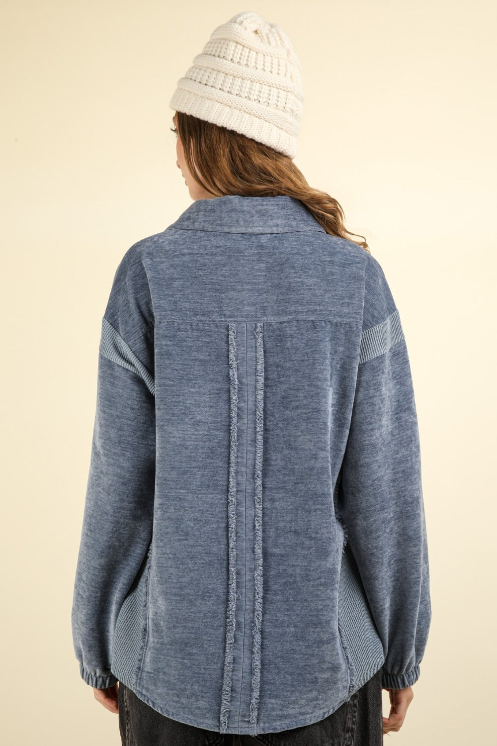 VERY J Mixed Media Button Down Raw Hem Shacket - Charming Charlie