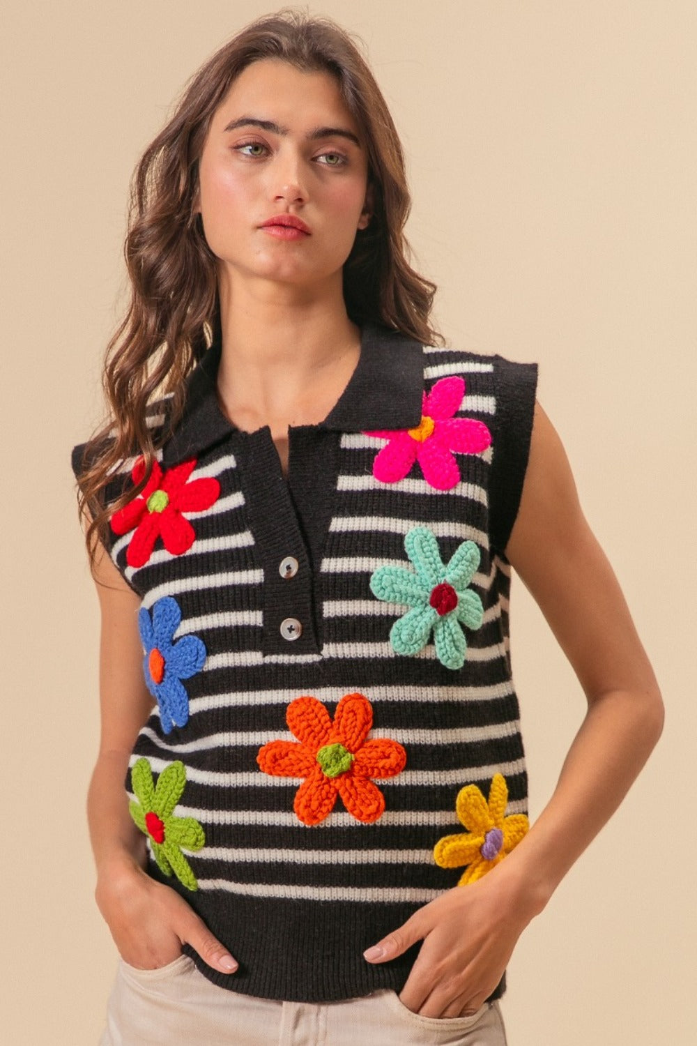 BiBi Flower Patch Striped Half Button Sweater Vest - Charming Charlie