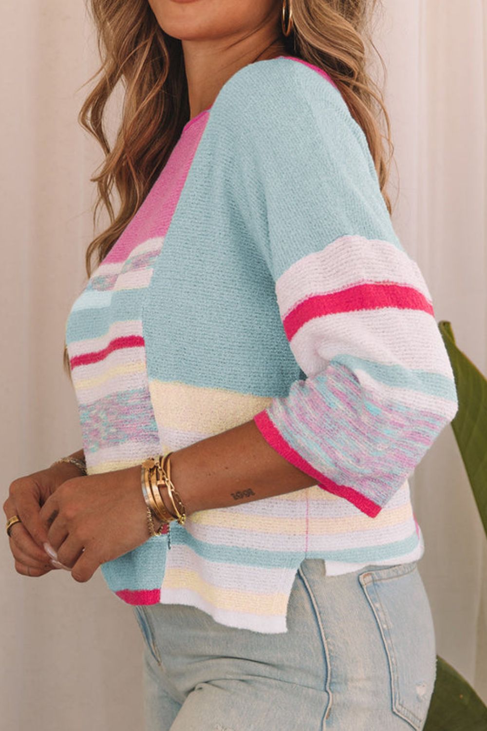 Contrast Round Neck Three-Quarter Sleeve Knit Top - Charming Charlie