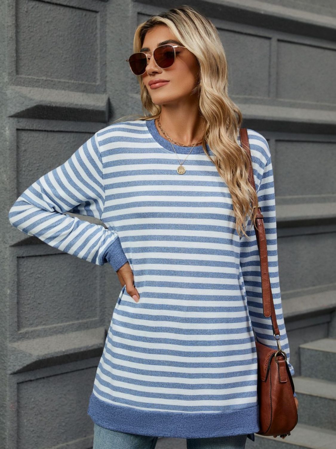 Striped Round Neck Long Sleeve T-Shirt - Charming Charlie