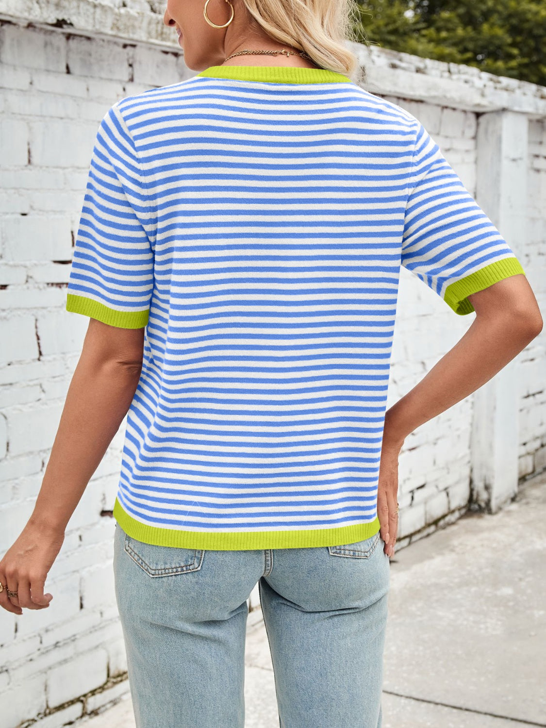 Lovelet Striped Contrast Round Neck Half Sleeve Knit Top - Charming Charlie