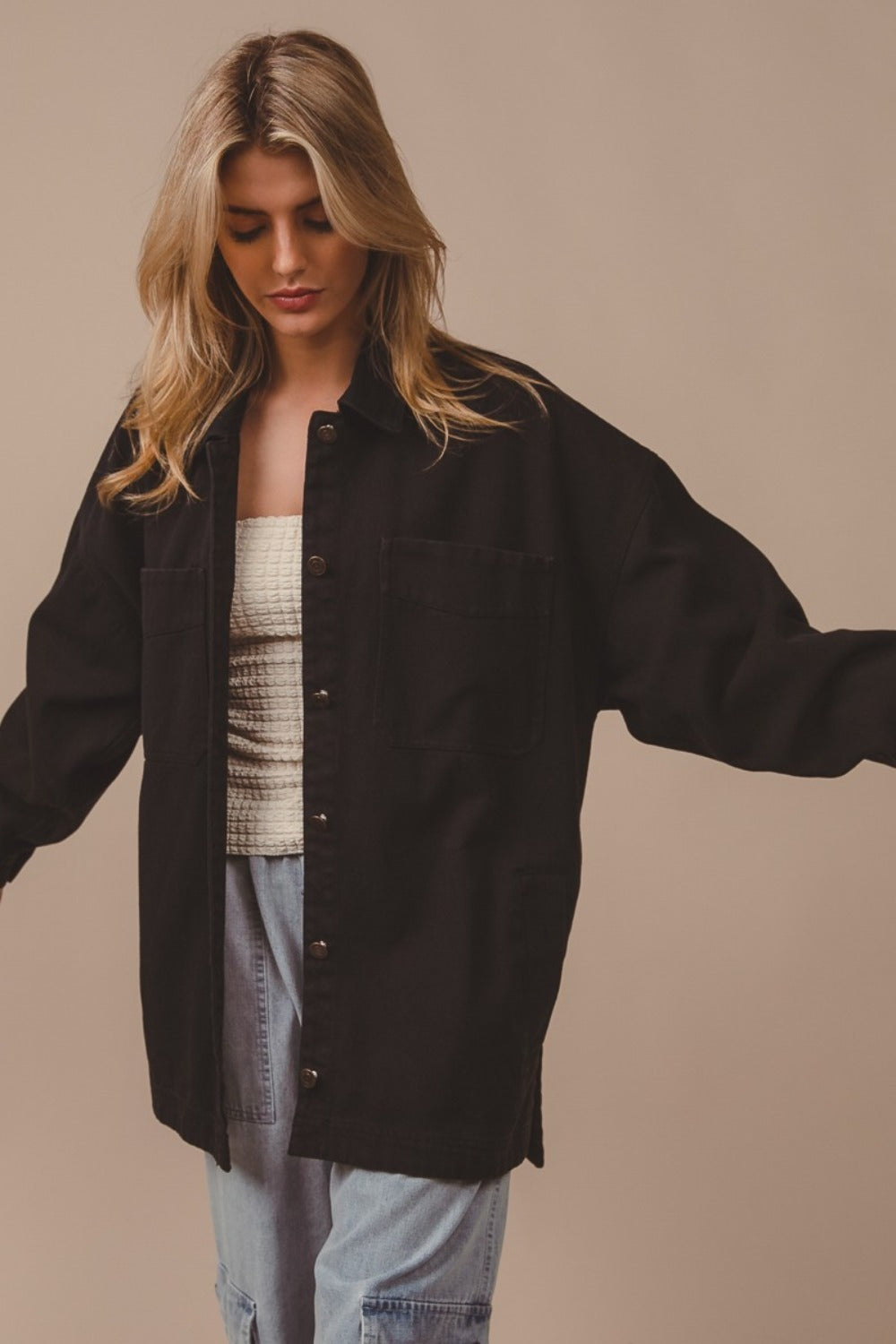 BiBi Button Up Washed Jacket with Pockets - Charming Charlie