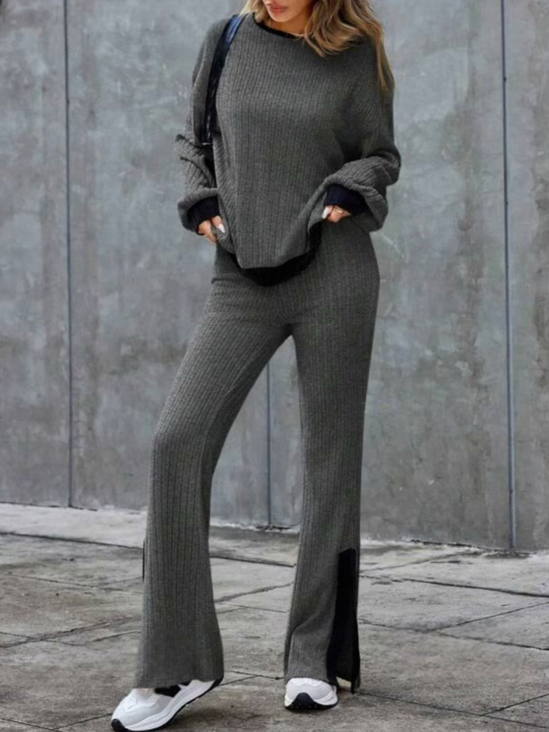 Contrast Round Neck Long Sleeve Top and Bootcut Pants Set - Charming Charlie