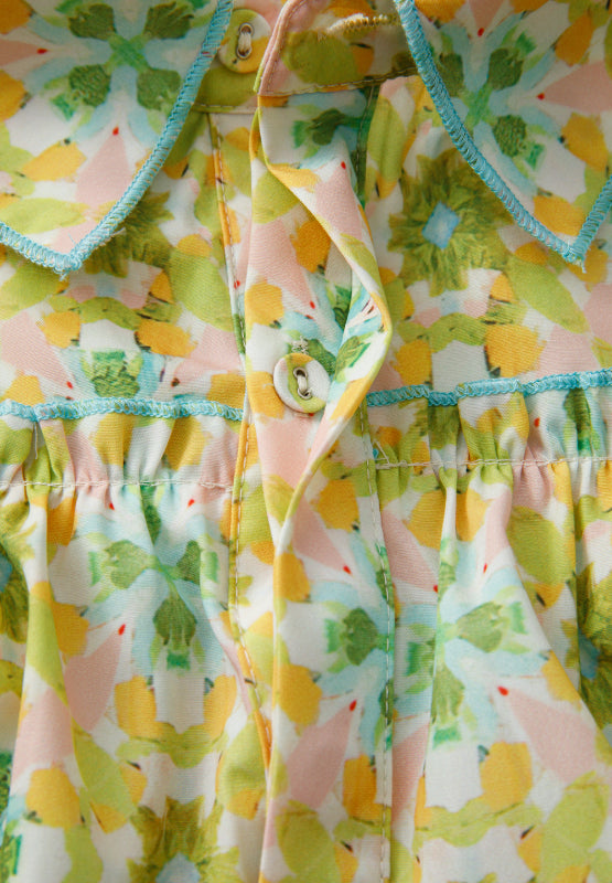 Frill Printed Collared Neck Long Sleeve Blouse - Charming Charlie