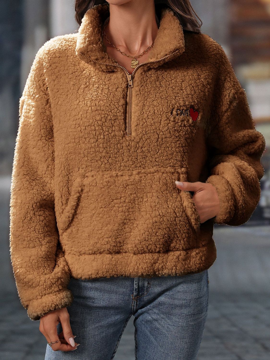 Heart Half Zip Long Sleeve Teddy Sweatshirt - Charming Charlie