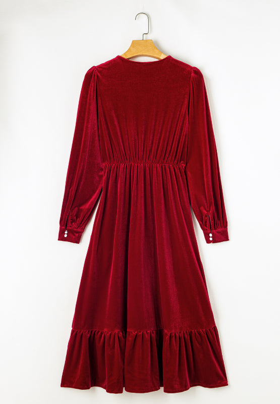 Ruffle Hem Slit V-Neck Long Sleeve Dress - Charming Charlie