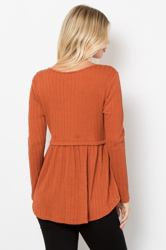 Be Stage Full Size Texture Babydoll Round Neck Long Sleeve Knit Top - Charming Charlie