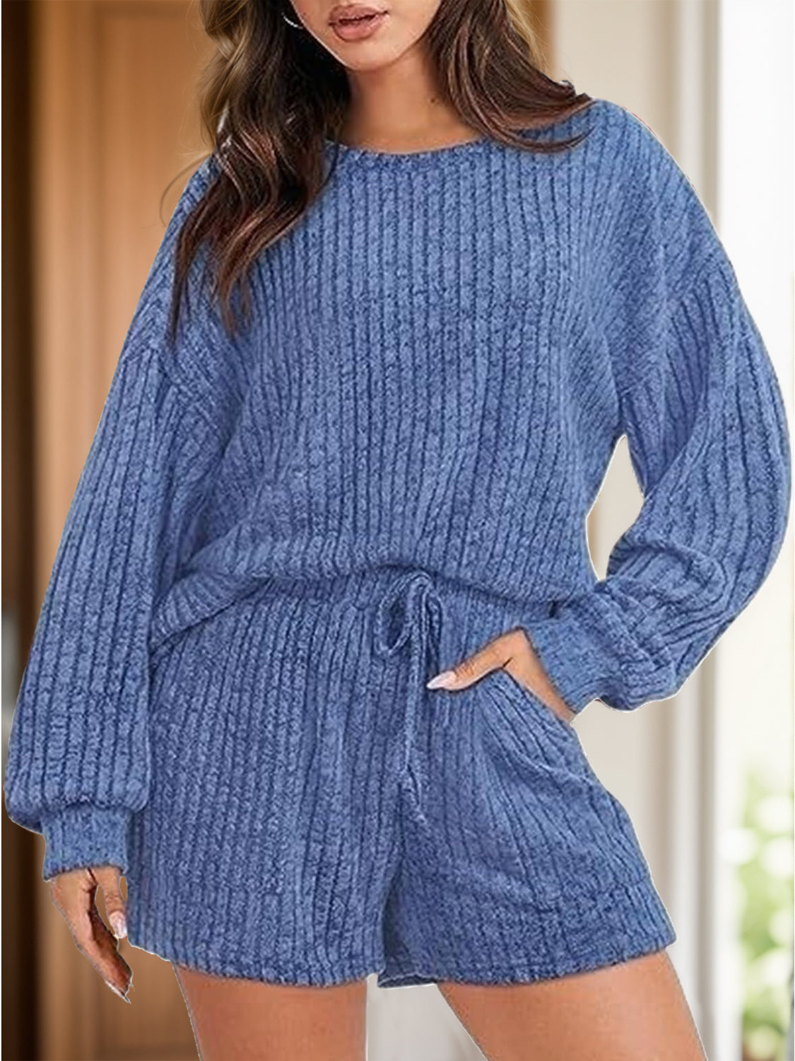 Round Neck Dropped Shoulder Top and Shorts Set - Charming Charlie