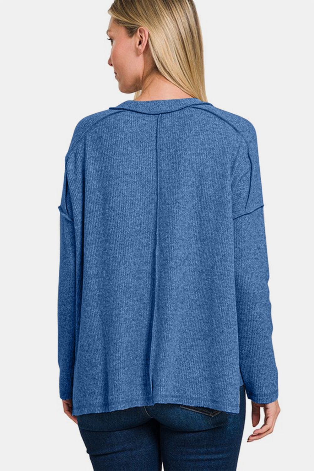 Zenana Full Size Exposed Seam Brushed Round Neck Sweater - Charming Charlie