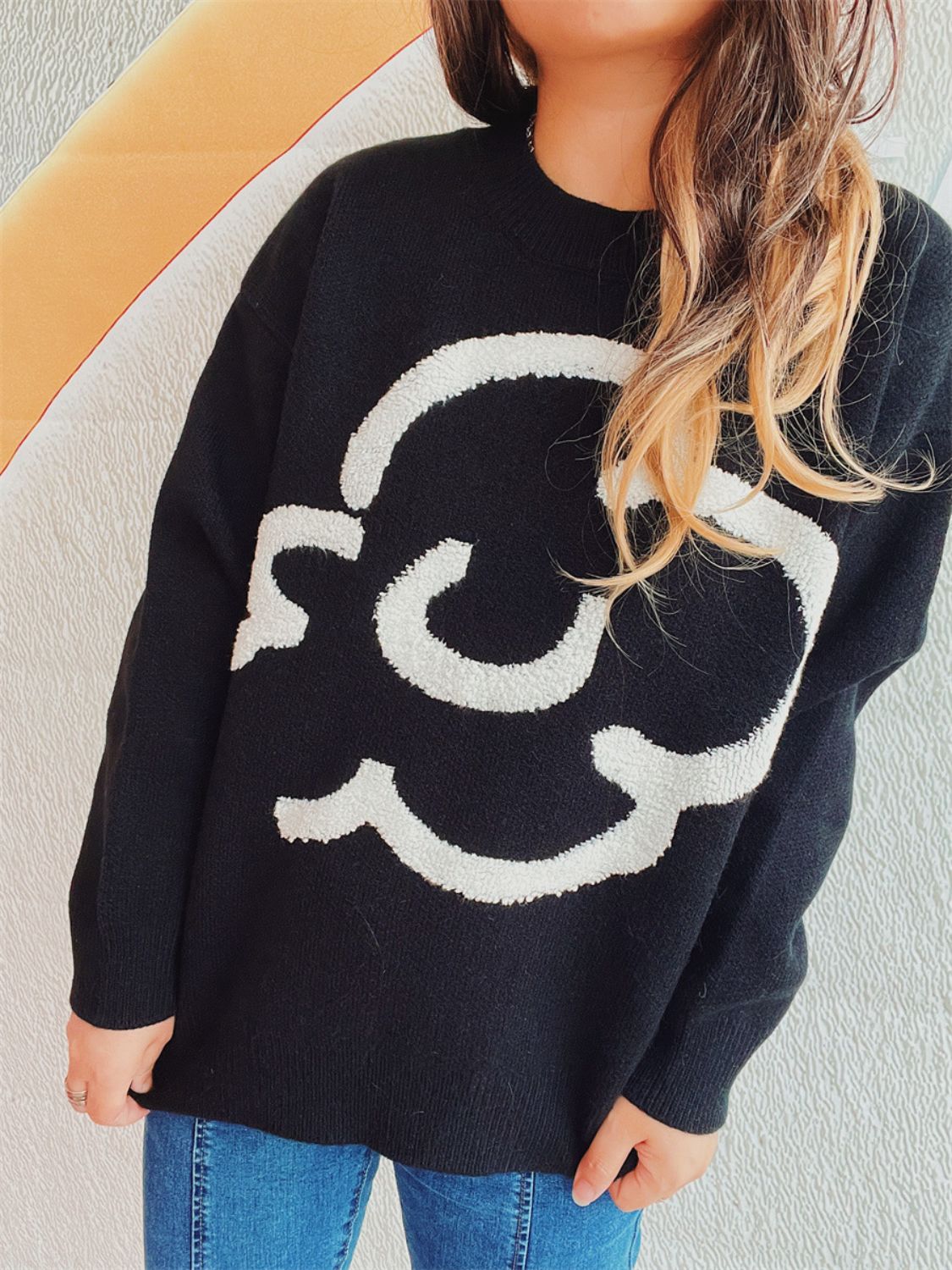 Contrast Round Neck Long Sleeve Sweater - Charming Charlie