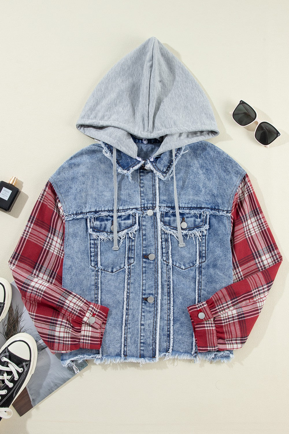 Raw Hem Drawstring Plaid Denim Jacket - Charming Charlie
