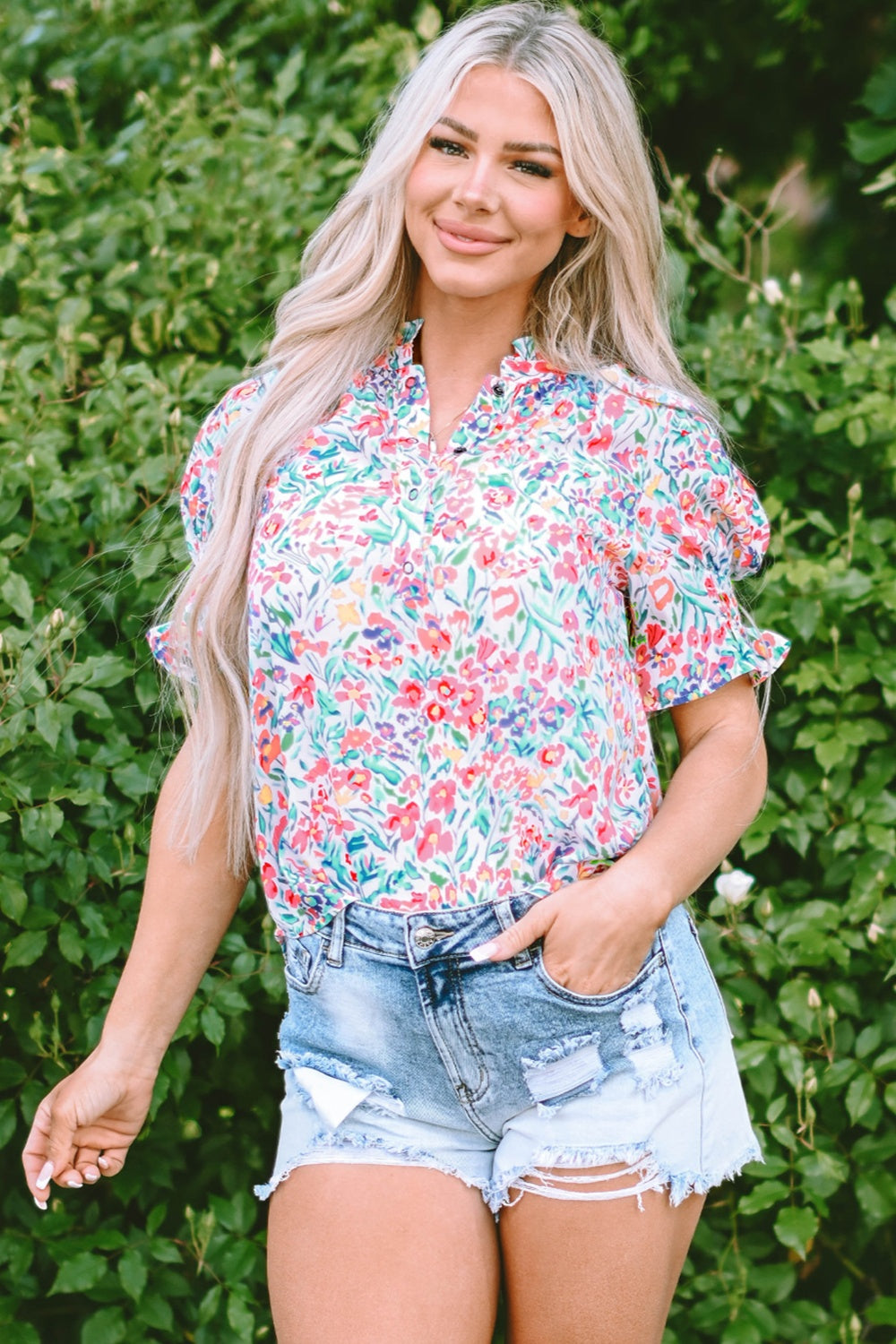 Printed Notched Short Sleeve Blouse - Charming Charlie
